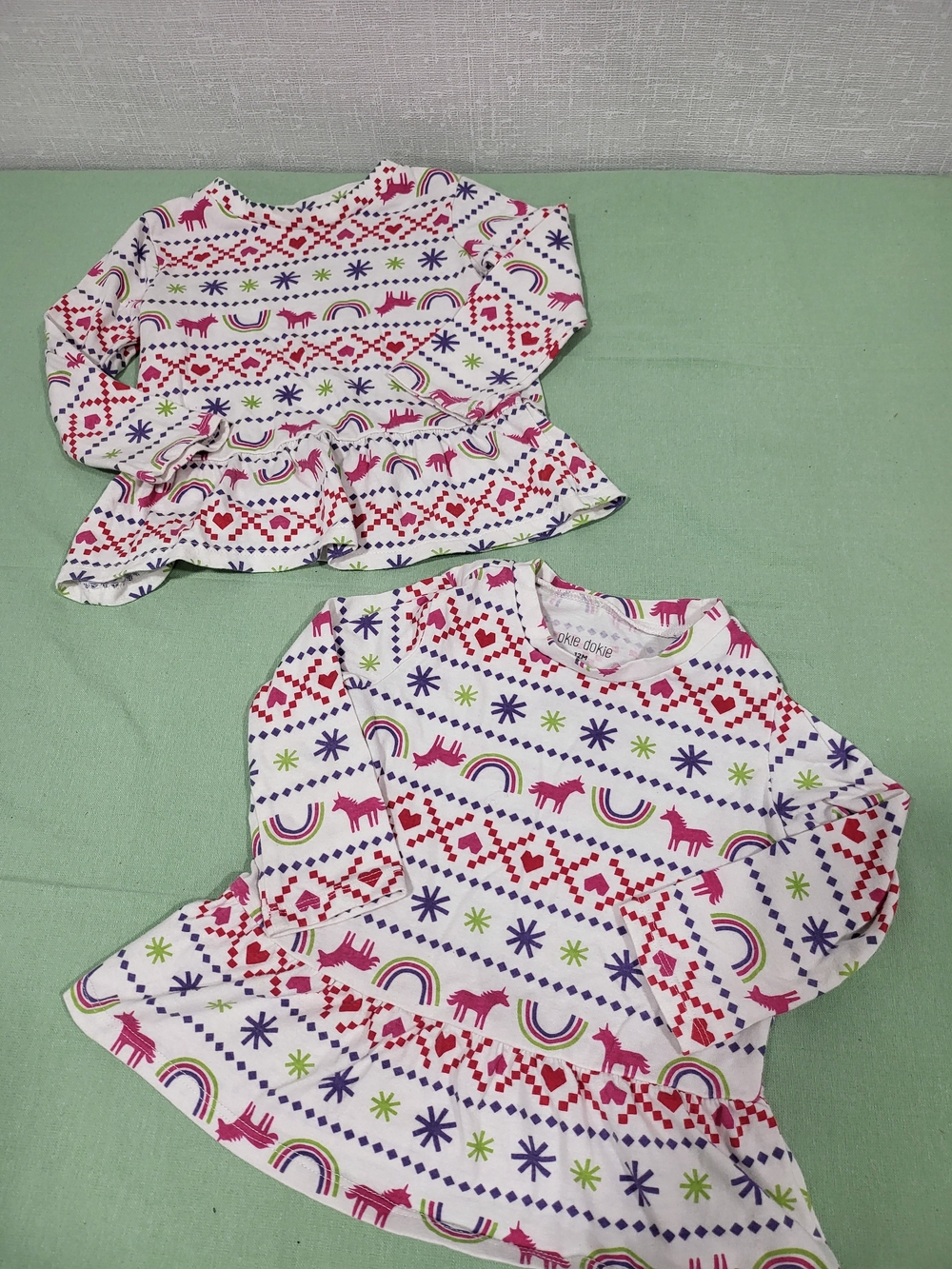 TWINS- okie dokie Long Sleeve Peplum Top with Pink Unicorns & Rainbows -2 shirts